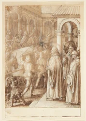 História de S. Giovanni Alberti Fiorentino. Na praça, o santo acusa os bispos de Florença de simonia(?)