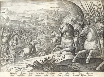 A Batalha de Labadia si Sena e St. Abonda, placa 3 de "A História dos Medici", gravada por Philip Galle (1537-1612), c.1583