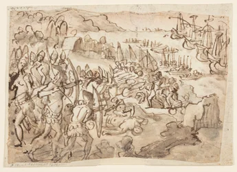 Conquista das Ilhas Filipinas, projeto preliminar para pintura grisille realizado pelo filho de Stradanus Scipione, para os exéquias em memória de Filipe II de Espanha, realizada em San Lorenzo, em Florença, em 12 de novembro de 1598