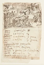 Morte da Mulher de Sestos, da História Natural de Plínio, Livro 10, cap. 6; abaixo: inscrição listando animais apresentados em uma série de imagens de caça e lista de itens de vestuário