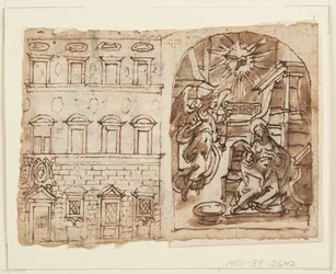 Página de um caderno de desenho; Elevação do Palácio, Anunciação, Última Ceia