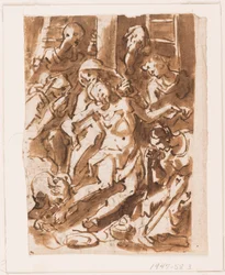 Página de um caderno de desenho; Maria segurando o corpo de Cristo ao pé da Cruz