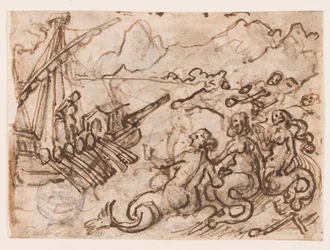 Página de um caderno de desenho: Ulisses passa as sereias (reto); Ulisses no submundo (verso)