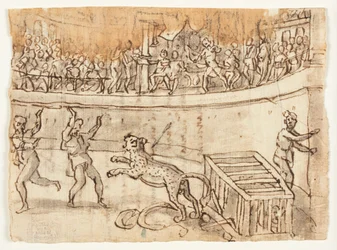 Direita: Imperador Commodus matando um leopardo Verso: Esboço de Luigi Alamanni, e inscrição em sua mão relativa à Historiae de Herodiano, I, 15, 6-7