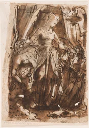 Reto: Judite com a cabeça de Holofernes; Verso, à esquerda: Judite com a cabeça de Holofernes; Verso, à direita: projeto preliminar para a folha de rosto da série impressa de As Sete Virtudes