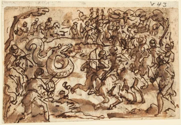 Reto: O cônsul romano Attilius Regulus lutando contra uma serpente gigante africana, da História Natural de Plínio, Livro 8, cap. 14; Verso: Ptyolomy pegando uma serpente gigante com uma rede, de Diodorus Siculus, Bibliotheca Historica III, 37