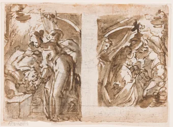 Reto: Duas vistas de Judite matando Holofernes; Verso: Fonte em Fiesole