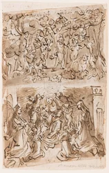 Reto, acima: Jovem São João Batista guiado por Anjos no Deserto; Reto, abaixo: Sacra Conversazione com Sts. Bárbara e Catarina; Verso, acima: Cruxificação; Verso, abaixo: Cristo curando paralíticos perto do tanque de Betesda
