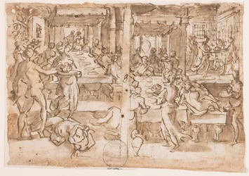 Reto, à direita: Decapitação de São João Batista, Reto, à esquerda: Salomé dada a cabeça de São João Batista pelo carrasco, projeto para pl.10 na Vida de São João Batista Verso: O Corpo de Alfonso Piccolomini (1551 - 1591), Sienese Outlaw Hung i