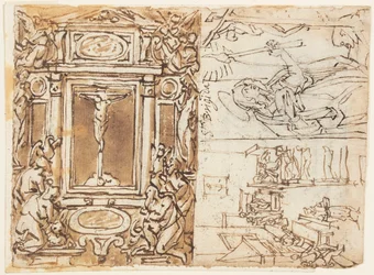 Página do caderno; Monumento de Marcus Aurelius Antonius com filho; Estudo para uma gravura