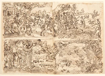 Página de caderno com quatro cenas de caça