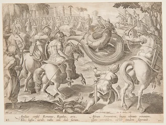 O cônsul romano Attilius Regulus lutando contra uma serpente gigante africana, placa 25 na série Wild Hunts