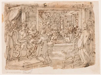 A introdução do bicho-da-seda na corte do imperador Justiniano, desenho para "Ser, sive sericus vermis", placa 8 da série de impressão Nova Reperta (Novas Invenções dos Tempos Modernos)