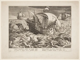 Três navios cercados por monstros