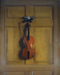 Violino e arco pendurado em uma porta (óleo sobre tela colocado sobre painel de madeira)