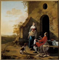 Conversa galante à entrada de uma pousada Pintura de Jan Van der Meer (1630-1692)