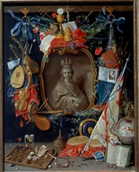 Virgem rodeada por símbolos de vanite. Pintura de Jan I Kessel O Velho (1626 - 1679)