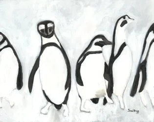 Pinguins no Jardim Zoológico de Woodland Park, c.2021 (tinta sumi e gesso sobre papel)