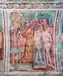 Igreja fortificada de Hrastovlje, Igreja da Trindade, Adão e Eva expulsos do Paraíso (1490), detalhe dos afrescos de Janez Iz Kastva, Eslovênia