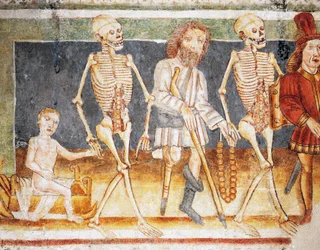 Igreja fortificada de Hrastovlje, Igreja da Trindade, Morte acompanhando crianças e pobres, Dança da Morte (1490), detalhe de afrescos de Janez Iz Kastva (1490), Eslovênia