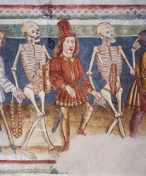 Igreja fortificada de Hrastovlje, Igreja da Trindade, Morte acompanhando comerciante e banqueiro rico, Dança da Morte (1490), detalhe de afrescos de Janez Iz Kastva, Eslovênia