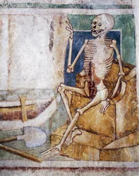 Igreja fortificada de Hrastovlje, Igreja da Trindade, laje de abertura da morte, Dança da Morte (1490), detalhe de afrescos de Janez Iz Kastva, Eslovênia