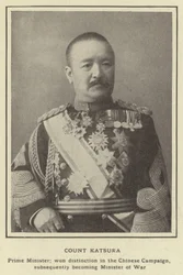 Conde Katsura, primeiro-ministro; ganhou distinção na Campanha Chinesa, subseqüentemente se tornando Ministro da Guerra