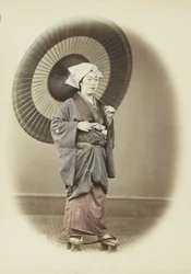 Mulher japonesa com guarda-chuva (foto colorida à mão a preto e branco)