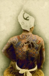Homem, com, tradicional, japoneses, Irezumi, tatuagem, c.1880, (hand, colorido, albumen, photo)
