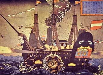 Navio a vapor americano de 1853, pintado por um artista japonês impressionado.