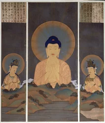 Aparição da Trindade Budista, Buda Amitabha e os seus dois Bodhisattvas, Kannon (Compaixão) e Seishi (Sabedoria) na montanha, ilustração da revista "Kokka", janeiro de 1909 (litografia a cores)