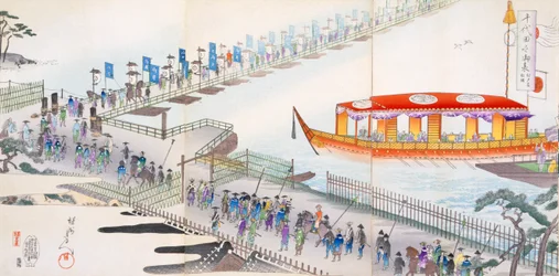 Participando de um Festival: atravessando uma ponte de barcas para o local sagrado (impressão em xilogravura colorida)
