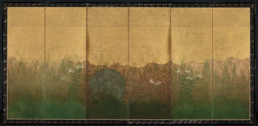 Noite de outono com lua cheia na planície de Musashino, uma de duas telas de seis dobras, início de 1600 (tinta, cor e folha de ouro e prata em papel dourado)