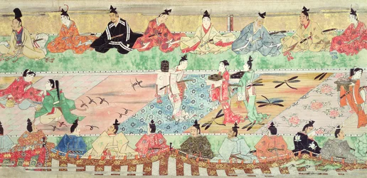 Cena de banquete de um handscroll pintado do Conto de Muramatsu, do início do século XVII (caneta e tinta, wc, guache, prata e ouro sobre papel)