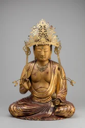 Bodissatva Kannon com flor de lótus (madeira, douradura e verniz)