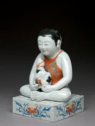 Menino, com, um, cão, sentando, ligado, um, quadrado, shogi, tabela, Kakiemon, relatou, mercadoria, japoneses, 1680-1700, (earthenware, com, azul, underglaze)