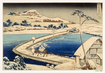 Ponte de barcos em Sawa, 1830, Hokusai Katasushika (1760-1849) (Impressão de bloco de madeira colorida à mão)