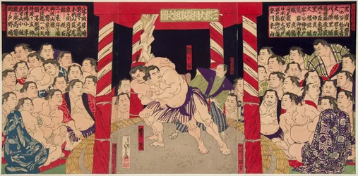 Combat de sumo entre Umegatani Totaro I (1845-1928) e Haibirya. Estampe vers 1860-1870 - Luta livre entre Umegatani e Haibirya, Anônimo . Lenhador colorido