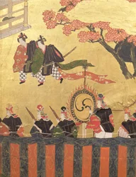Detalhe de uma tela de quatro folhas representando dois cortesãos vestindo kazaritachi e soldados, Tosa School, Edo Period (cores, tinta, gofun e ouro sobre papel)