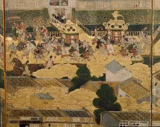 Pormenor de "Views In and Around Kyoto" (Rakuchu rakugai zu), ca.1616-24 (tinta, cor e folha de ouro sobre papel)