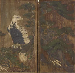 Águia em um pinheiro, período Momoyama, possivelmente do século 17 (tinta e cor na madeira)