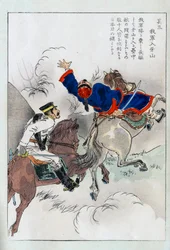 Luta equestre entre um oficial japonês e um chinês - impressão japonesa, final do século XIX