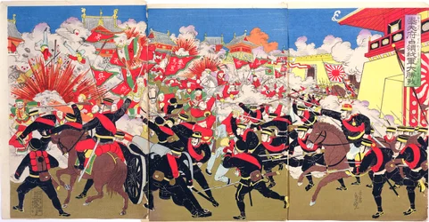 Luta feroz entre tropas japonesas e chinesas em uma cidade chinesa, um episódio da Guerra Sino-Japonesa, final do século 19 (impressão em xilogravura colorida)