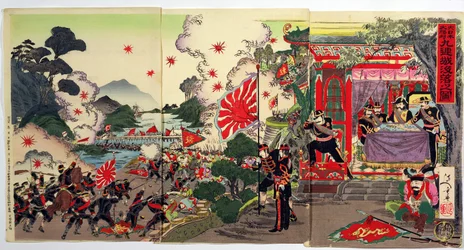 Combate entre tropas japonesas e chinesas pesquisadas por um grupo de oficiais japoneses, episódio da Guerra Sino-Japonesa, final do século XIX (impressão em xilogravura colorida)