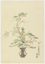 Arranjo de flores por Rokkakud Ikenob Seny ; Pinheiro e Acácia, (impressão em xilogravura colorida à mão)