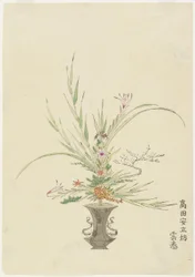 Arranjo de flores por Takada Anritsub ; Lírios e Bellflowers (impressão woodblock colorido à mão)