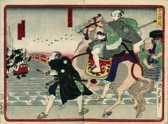 Grupo de samurais em uma ponte (incluindo um cavalo) - em "A vingança dos 47 ronins" do século XIX: Serie de Kabouki