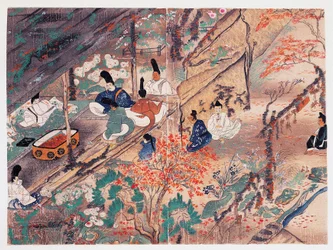 O estadista e poeta Heian Sugawara Michizane (845-903), conhecido como Tenjin-San (espírito celestial), exilado no santuário Kitano Tenman-Gu em Kyoto dividindo roupas doadas pelo ex-imperador Fujiwara Nobuzane (1176-1268), Kamakura período (1185-1333), Ja