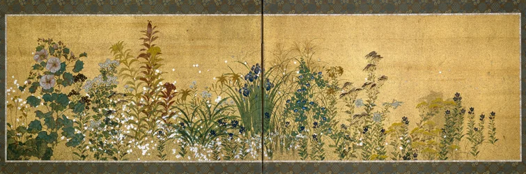 Arte japonesa: painéis de tela decorados com flores. Estilo da escola da Rimpa (1596-1615). Pintura em seda. Dim. 65x189 cm Coleção particular