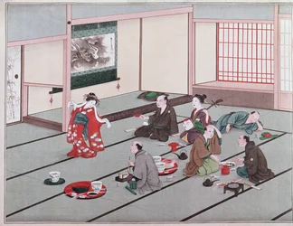 Japonês comendo, bebendo e se divertindo na casa de chá (wc)